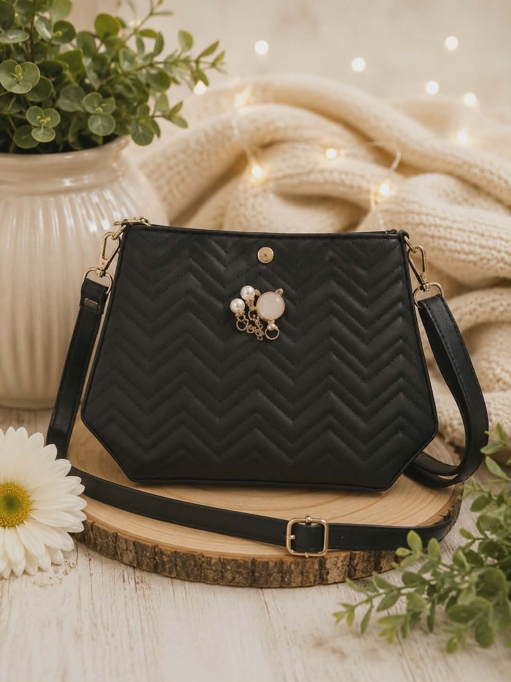 Black Quilted Crossbody Bag with Pearl Charm